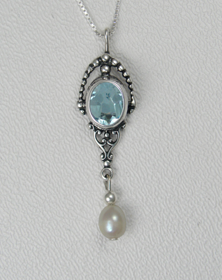 Sterling Silver Victorian Inspired Necklace with Blue Topaz And Fresh Water Perl